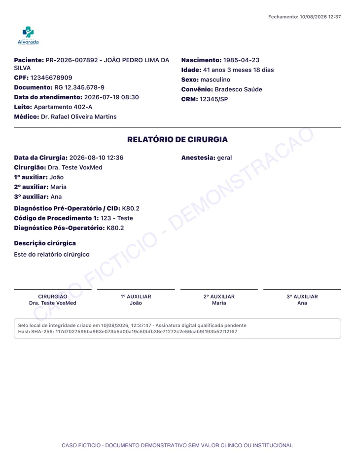 Prévia de relatório cirúrgico demonstrativo com marca d’água de caso fictício