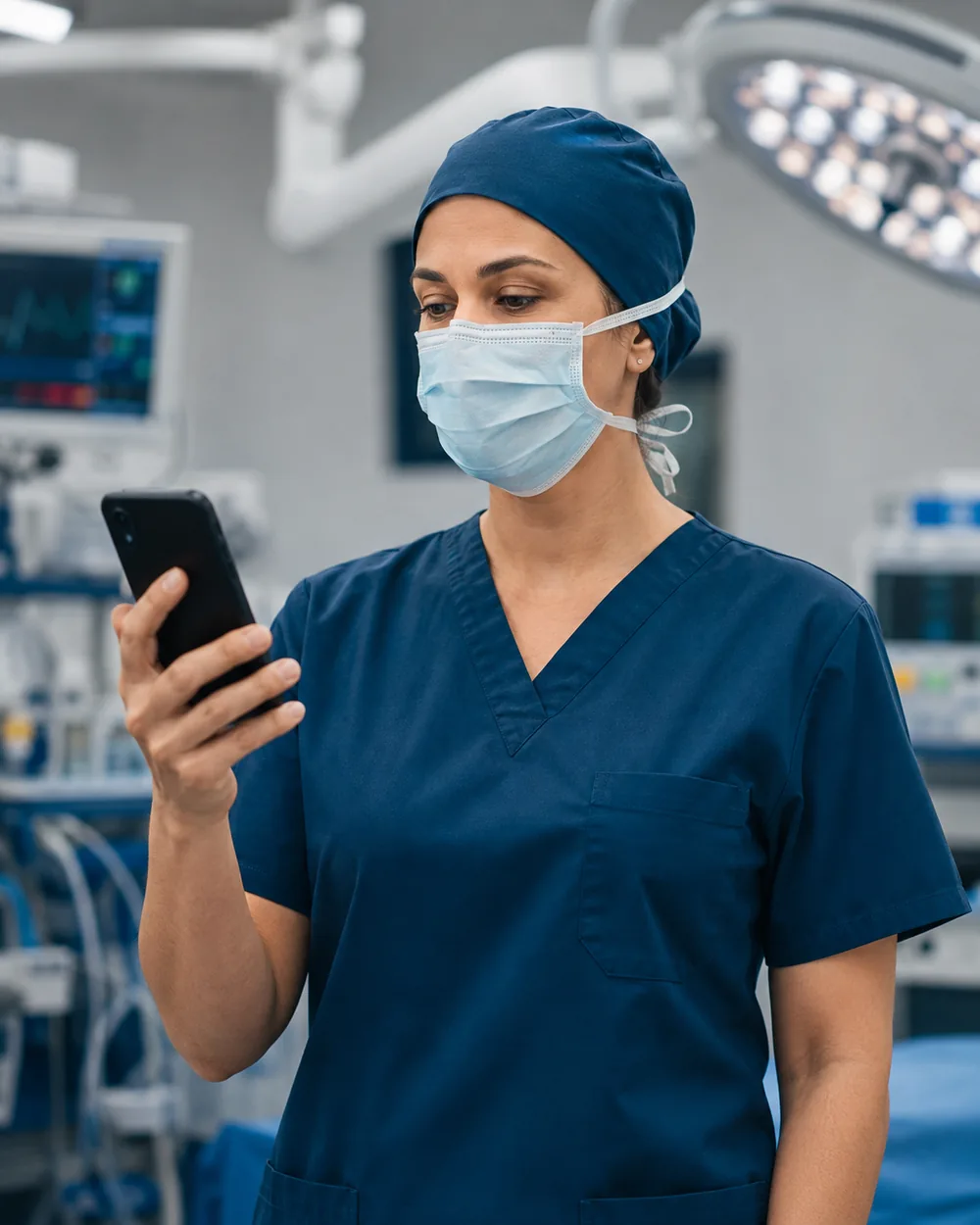 Médico ditando o relatório no iPhone dentro do centro cirúrgico